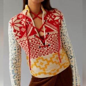 BDG Rian Lace-Up Sweater In Multi-red Color